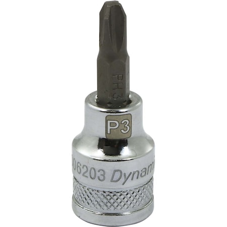 Dynamic Tools 3/8 Drive Phillips Head, Ph#3 Bit Std Length, Chrome Socket D006203